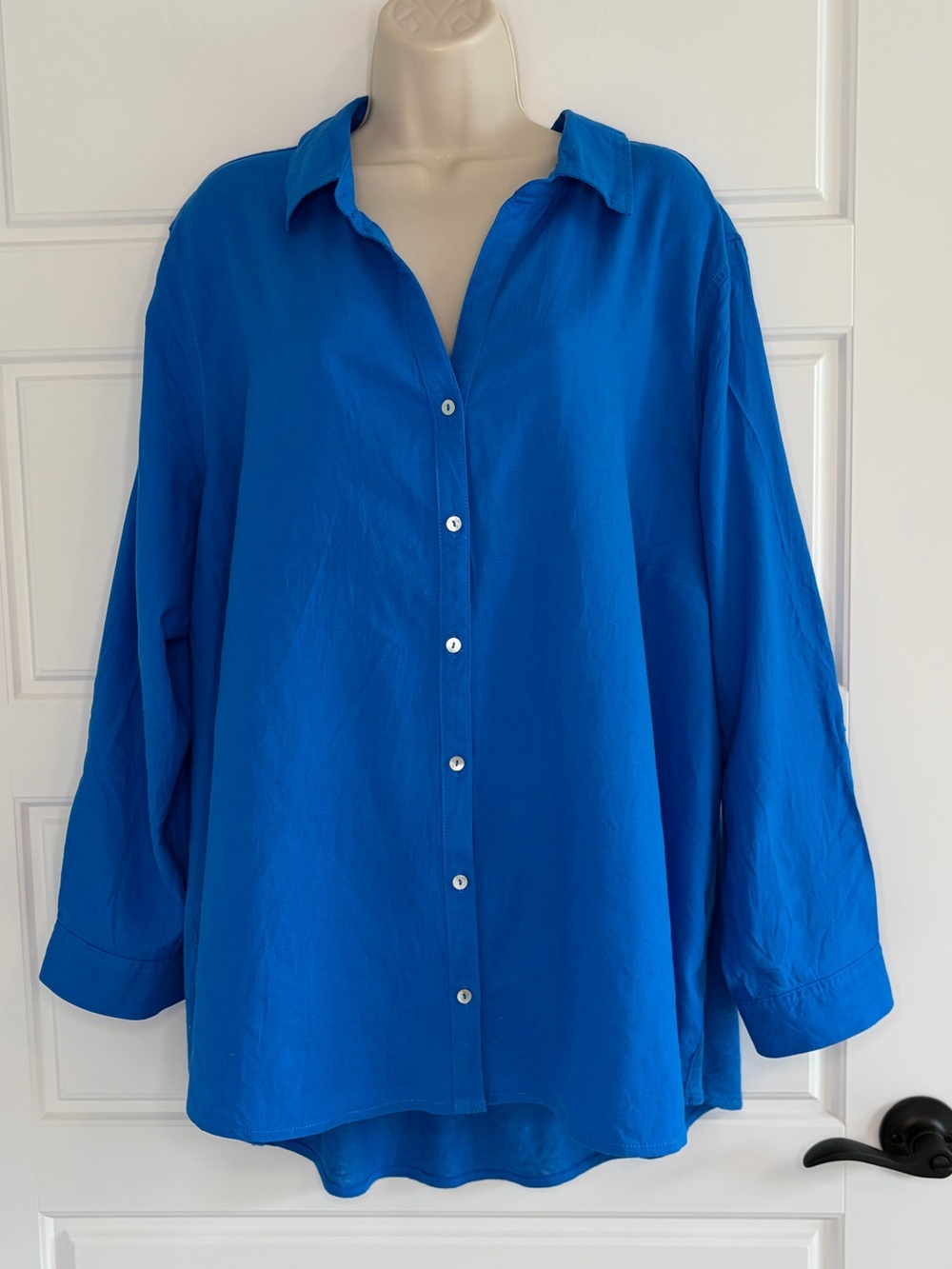 Martha Stewart Collection Linen Blend Ocean Blue Button Up Roll Tab Shirt Sz 3X
